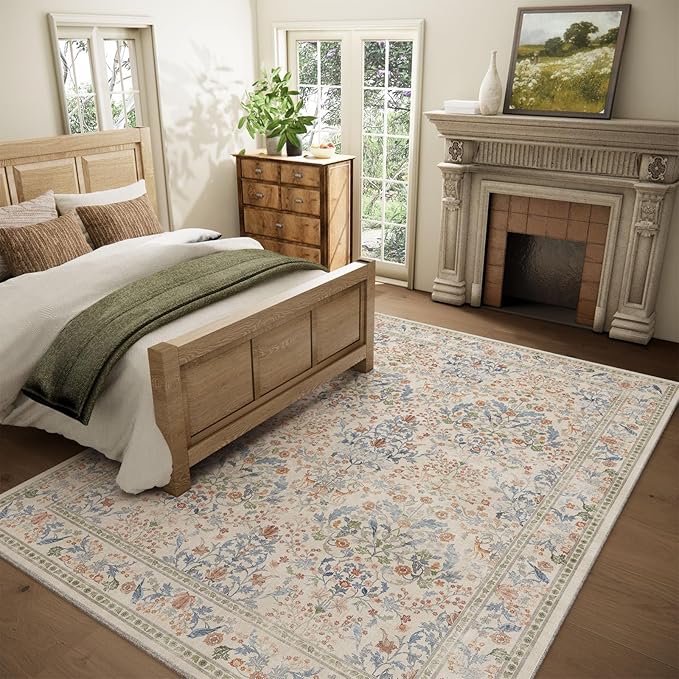 Washable Area Rugs for Living Room: 6x9 Bedroom Rug Vintage Area Rug Stain Resistant Non Slip Low Pile Lightweight Soft Carpets for Dining Room Kitchen Nursery Kids Room Farmhouse Indoor
