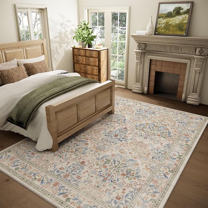 8x10 Area Rugs for Living Room: Washable Bedroom Rug Vintage Area Rug Stain Resistant Non Slip Low Pile Lightweight Soft Carpets Rug for Dining Room Kitchen Nursery Kids Room Farmhouse Indoor