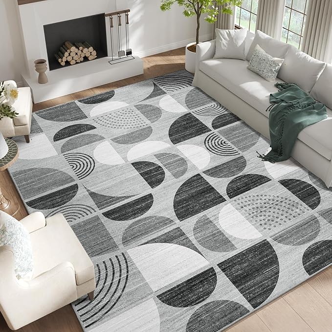 Washable Rugs 9x12,Large Area Rugs Non Slip Modern Abstract Boho | Large Throw Carpet for Living Room Bedroom Dining Room Soft Low Pile Floor Indoor Bohemian Black and Grey