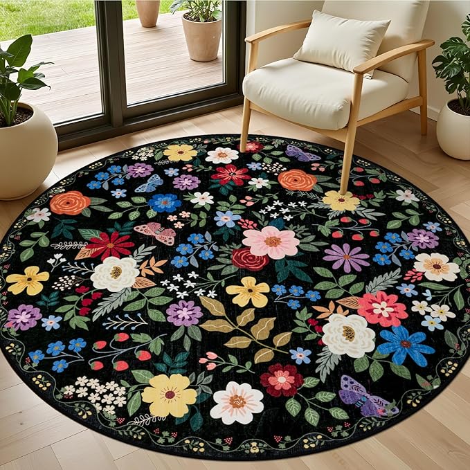 PLHXFR Round Area Rug Living Room: 4 ft Floral Washable Soft Carpet Black | For Bedroom Dining Room Farmhouse Nursery Hallway,Vintage Floral,Machine washable,Non Slip,Stain Resistant,Large Indoor