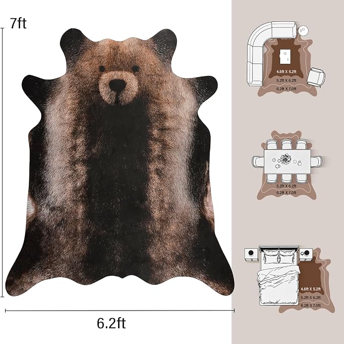 AROGAN Premium Bear Print Rug, Faux Animal Hide Rugs, Non-Slip 6.2 x 7 Ft | Machine Washable Animal Print Hide Leopard Skin Area Rug for Bedroom Living Room Home Decor Pet Friendly