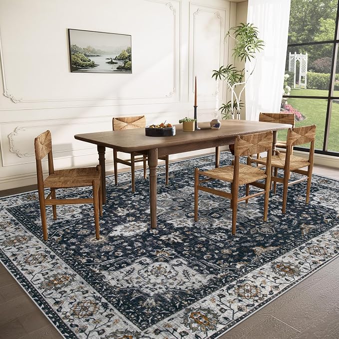 Area Rug 8x10 Washable Rug, Vintage Boho Medallion Rugs Non-Slip Soft Low Pile Large Distressed Rug Indoor Retro Carpet for Living Room Bedroom Dining Room Home Office (Vintage Black, 8'x10')