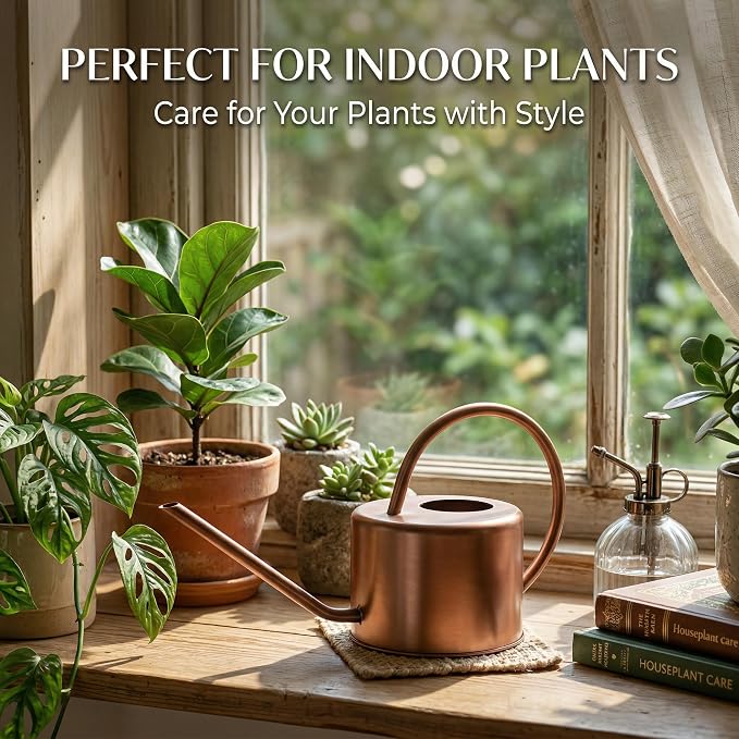 Topadorn 1.3L Metal Watering Can with Long Spout, Bronze Indoor Plant Watering Can, Rust-Resistant Garden Watering Can with Ergonomic Handle