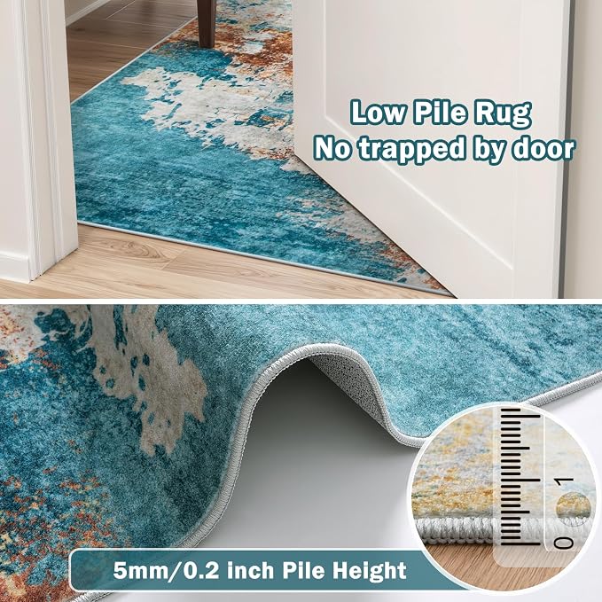 Beeiva Abstract Washable Rugs 8x10, Large Non Slip Area Rug for Living Room, Ultra Thin Foldable Low Pile Carpet for Bedroom Dining Room Playroom - Yellow/Blue