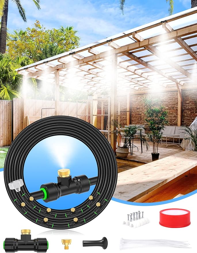 Lekit Misters for Outside Patio 27.5FT(8.4M)+8 Brass Mist Nozzles+a Brass Adapter(3/4") Detachable Outdoor misting Cooling System for Garden, Waterpark, Greenhouse, Backyard