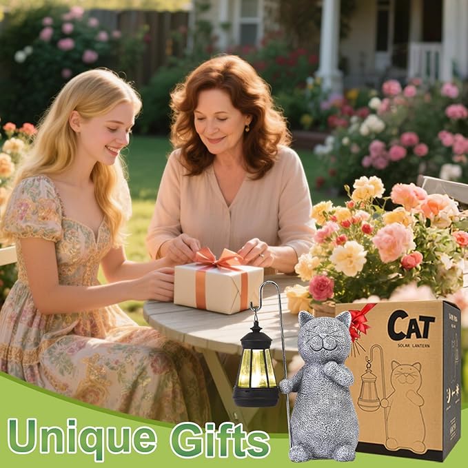 Qeeman Solar Cat for Garden Decor: Weatherproof Resin Statues | Warm Glow Lantern Outdoor Decoractions for Yard Pathway Patio Porch Balcony Front, Gifts for Mom Grandma Lovers