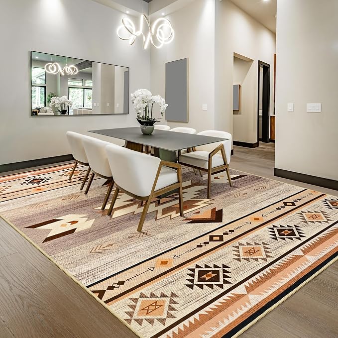 BENRON Western Area Rugs for Living Room Bedroom 6x9, Washable, Warm Beige | Non Slip Large Southwest aztec Rugs for Dining Table Kitchen Home Decor