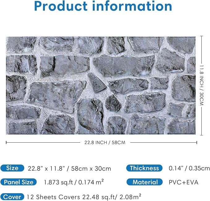 COMSTICKC 3D Gray Stone Wall Panel Peel and Stick,12 Pcs of 22.8" x 11.8", DIY Lightweight PVC Stone Brick Self Adhesive Decorative Tiles Backsplash Interior Decor, Paintable, Covers 22.48 sq.ft