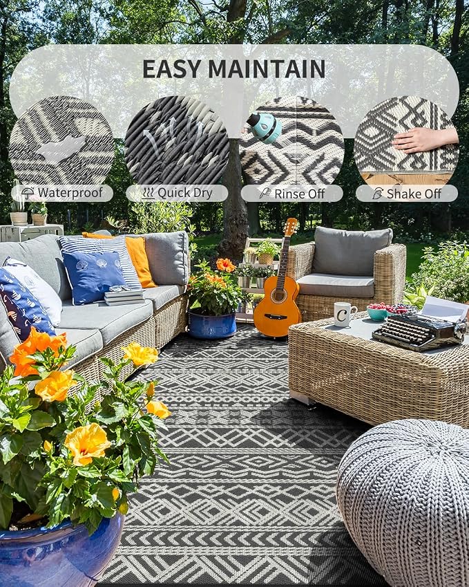 MontVoo Outdoor Rug Carpet Waterproof 9x18 Outdoor Patio Rug Mat Reverisble Plastic Straw Outdoor Rug for RV Camping Picnic Beach Balcony Boho Grey Large