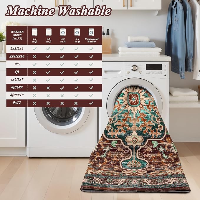 U'Artlines Boho Vintage Area Rug 9x12 Machine Washable Carpet, Rust＆Teal | Low Pile, Non Slip, Ultra-Thin Soft Floor Carpet, Accent Rug for Living Room Bedroom Dining Room Office