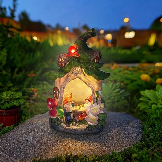 Outdoor Fairy House Garden Statues Accessories with Solar Lights Gnomes Gardening Birthday Gifts for Women Mom Grandma, House Sculpture Figurine Outside Garden Decorations for Yard Patio Porch Decor