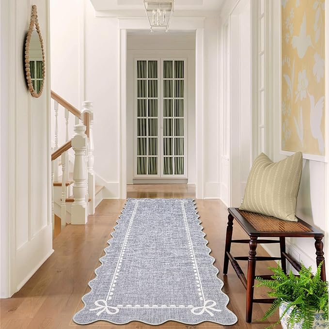 GarveeHome Scalloped Hallway Runner Rug 2.5x8 Non Slip Bedroom Rugs, Grey | Washable Bow Rug for Girls Dorm Nursery Living Room Entyrway Kitchen, Soft Low Pile Ultra-Thin Stain Resistant Indoor Carpet