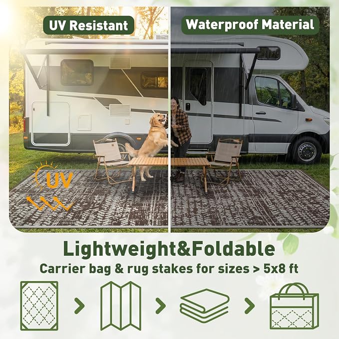 MontVoo Outdoor Rug Waterproof-Patio Rug Mat 5x8 Outdoor RV Camping Picnic Beach Mat Plastic Straw Rugs Outside Outdoor Area Rugs for Balcony Deck Backyard Brown