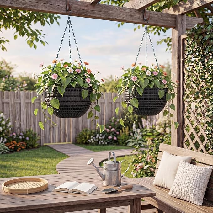 13.8 Inch Self Watering Hanging Planter, 4PCS Round Resin Hanging Basket for Indoor Outdoor Plants, Rattan Look Flower Pot with Drainage Plug, Deep Inner Pot and Sturdy Metal Triple-Chain Hanger