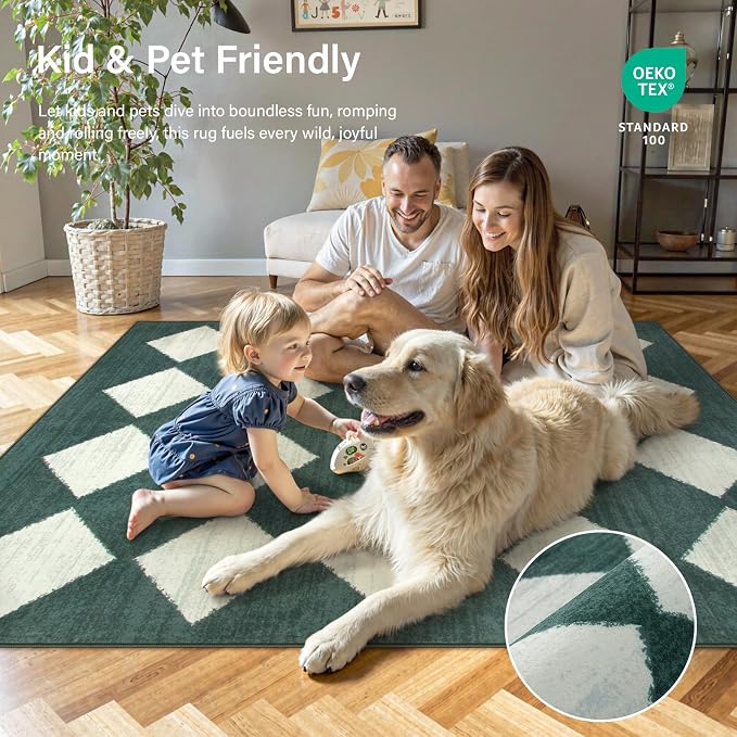 Lahome Zelie Checkered Washable 2x3 Green Kitchen Rugs Non Slip, Small Printed Indoor Door Mat for Entryway, Moroccan Trellis Ultra-Thin Throw Carpet for Bedroom Entrance Decor (2'x3',Dark Green)