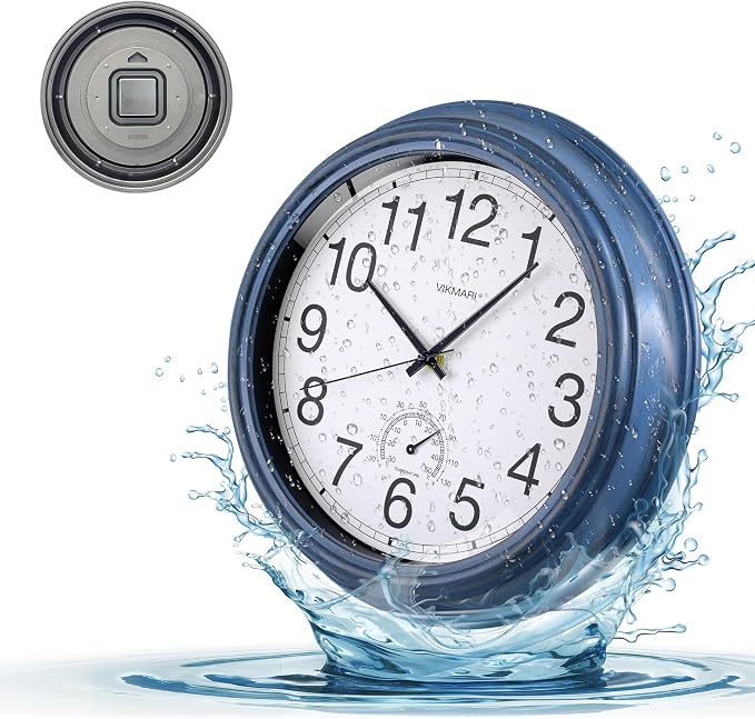 VIKMARI Indoor Outdoor Sealed Glass Clock Waterproof Silent Classic Quartz Clocks Thermometer Battery Operated Wall Clocks for Bathroom Patio Pool Wall Decor (12 Inch,Rustic Blue)