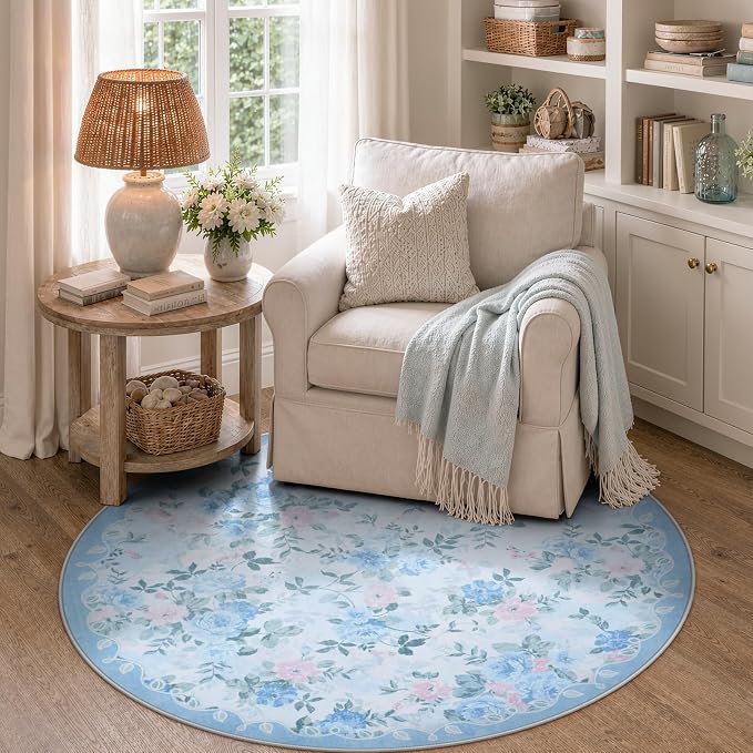 Lahome Round Floral Bathroom Rug 4ft, Low Pile Ultra-Thin Bath Mat | Pet Friendly, Easy To Clean Non Slip Carpet For Bathroom Vanity, Playroom Corner Or Cozy Nook