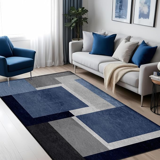 Washable Low-Profile Geometric Area Rug, 0.2 inch Thin Abstract Rug Design for Living Room & Bedroom Decor, 3x5 ft Blue Grey Modern Non-Slip Floor Rug