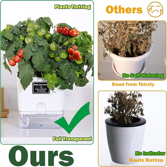 Planterhoma Self Watering Plant Pots for Indoor Plants 4.3 inch, 6 Packs Square Self-Watering Planters with Drainage Hole, White African Violet Pots for Devil's Ivy, Spider Plant, Orchid, Herb