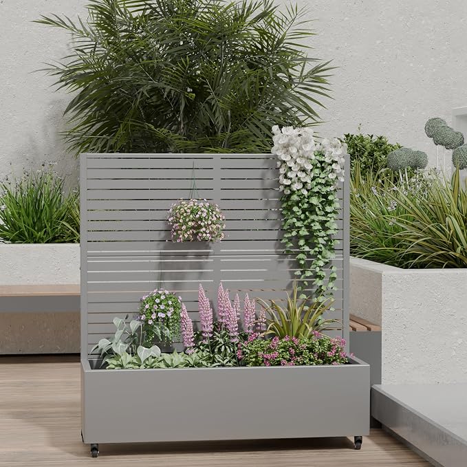 Casaphoria Metal Raised Garden Bed with Trellis and Wheels, 47"x47"x16" Planter Box for Climbing Plants, Vegetables & Vines, Features Drainage Holes and Privacy Screen (Grey-Louvered)