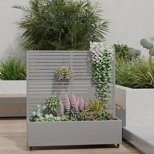 Casaphoria Metal Raised Garden Bed with Trellis and Wheels, 47"x47"x16" Planter Box for Climbing Plants, Vegetables & Vines, Features Drainage Holes and Privacy Screen (Grey-Louvered)