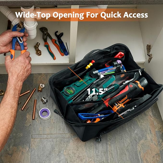 Tool Bag Organizer for Electrician & Technician, Portable Wide-Open Tool Tote with Multi Compartments, Heavy Duty Tool Storage Bag for HVAC, Plumbing, Garage & Home Repair Tools, Handyman