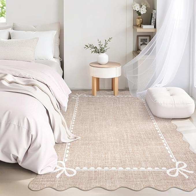 COZYLOOM Scalloped Bow Washable Rug 8x10 Area Rugs for Living Room, Camel | Non Slip Modern Bordered Non Shedding Stain Resistant Low Pile Foldable Carpet for Bedroom Dining Room Nursery