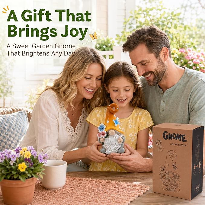 Solar Garden Gnome Statue: Outdoor Figurine with Flower Light | IP65 Waterproof Resin, LED Lighted Butterfly, Yard Lawn Porch Balcony Patio Home Decor, Gifts for Mom Women Grandma