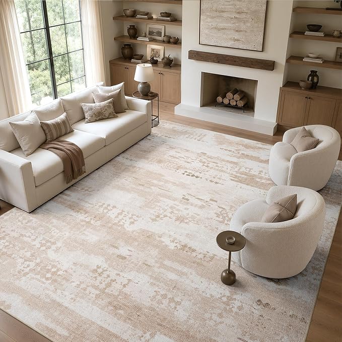 DCX Washable Abstract Area Rug 9x12, Non Slip Low Pile Rug, Beige | Easy to clean, non-shedding, soft, kid & pet friendly, with a non-slip rubber backing for living rooms, bedrooms, and offices