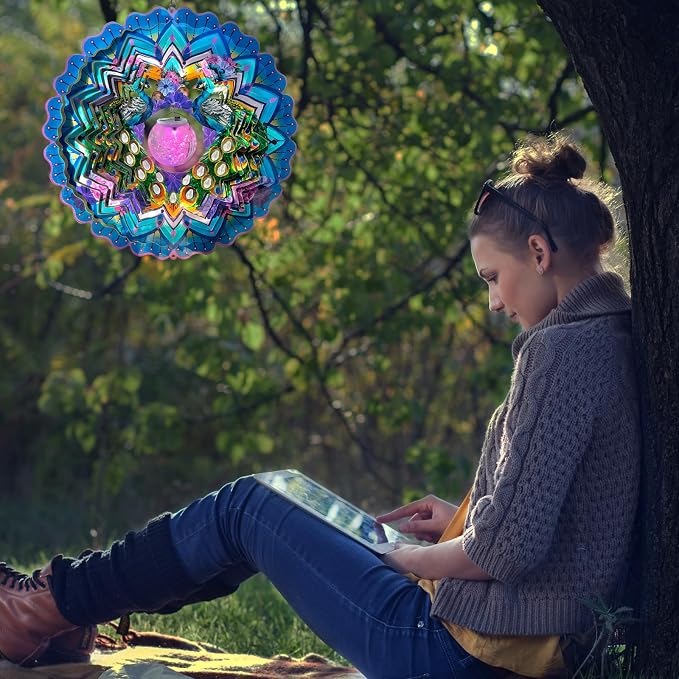 FONMY Solar Wind Spinner Mandala Peacock Christmas Decoration Worth Gift 3D Stainless Steel Hanging Wind Spinners Indoor/Outdoor Garden Décor Kinetic Yard Art 12 Inches Multi Blue Wind Sculpture