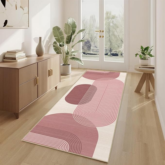 Boho Runner Rug 2x6 for Hallway Kitchen Bedroom,Bohemian Runner Rugs Washable Modern Geometric Rug Non-Slip Printed Low Pile Long Floor Carpet Mat for Bedroom Laundry,Pink