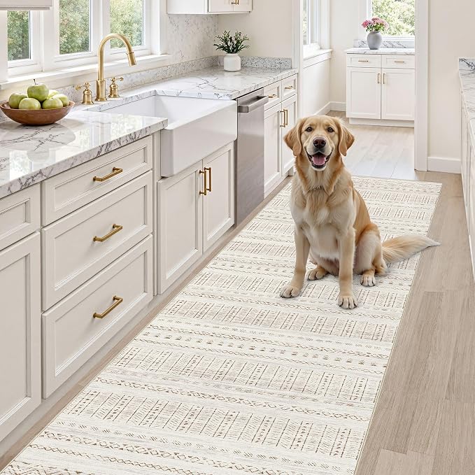 cotiled Hallway 2.6x8 Runner Rugs Washable Boho Rug Brown/Cream | Stain Resistan Indoor Carpet for Entryway Kitchen Laundry Room Bedroom