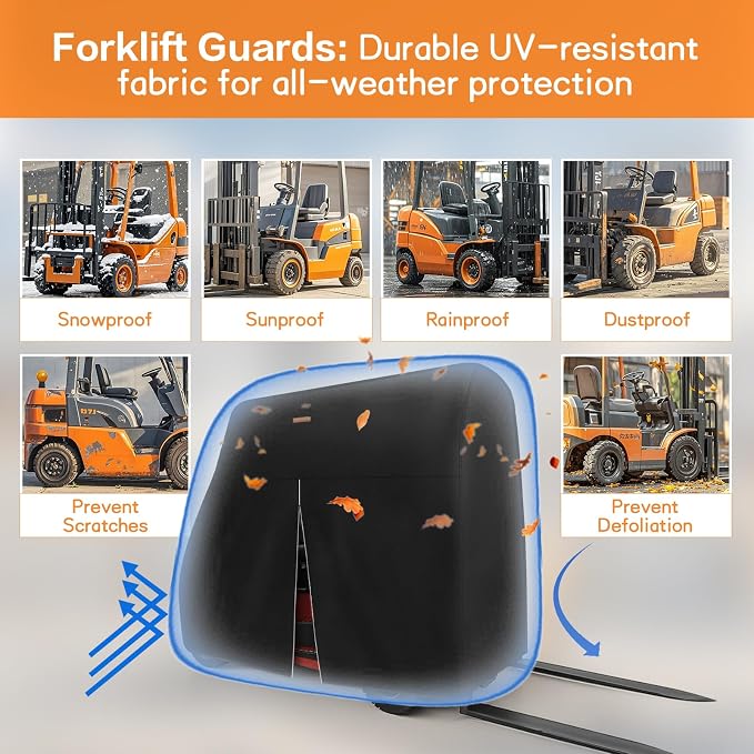 Forklift Cover 600D Fits All Forklifts Up to 8000Lbs All Weather - Waterproof, Sun Rain Snow UV Protection, Full Forklift Protection Cover with Zipper Door, Reflective Strips and Organizer Bag