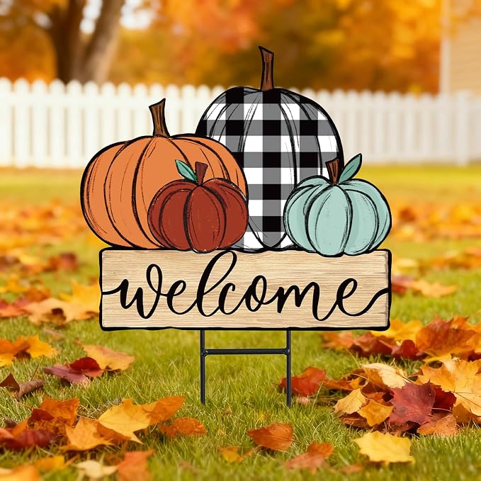 JarThenaAMCS Fall Pumpkin Metal Garden Stakes Farmhouse Rustic Pumpkin Decorative Lawn Sign Autumn Harvest Welcome Yard Sign for Thanksgiving Home Outside Lawn Porch Decor