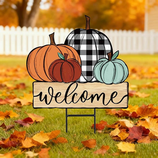 JarThenaAMCS Fall Pumpkin Metal Garden Stakes Farmhouse Rustic Pumpkin Decorative Lawn Sign Autumn Harvest Welcome Yard Sign for Thanksgiving Home Outside Lawn Porch Decor