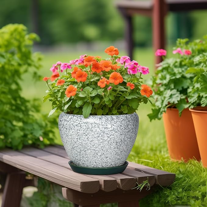 10 Inch Ceramic Planter, Crackle Green | Drainage Hole and Saucer, Indoor Outdoor, Round Modern Design, Garden Decor