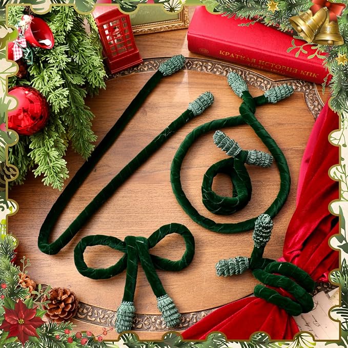 Jutom 16 Pcs 25 Inches Christmas Velvet Garland Ties Decorative Banister Twist Ties Reusable and Flexible for Xmas Light Banisters Home Stairways Railings Decoration(Green)