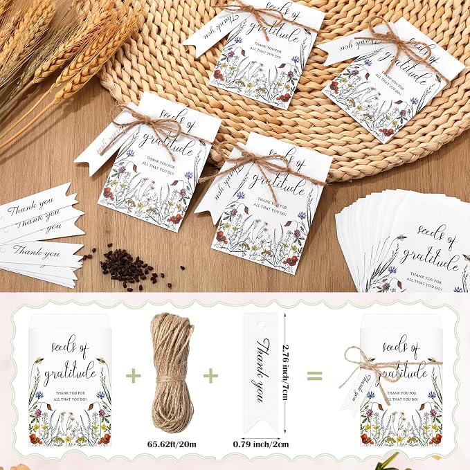 Chuangdi 25 Sets Seeds of Gratitude Seed Packets Bulk Wildflower Party Favors Self Adhesive Paper Empty Envelope with Thank You Tags Thank You Gifts for Baby Shower Wedding Party Guests (No Seed)