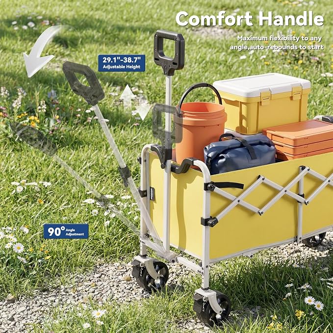 Collapsible Folding Wagon Cart, Heavy Duty Utility Wagons with Tailgate & Wheels,Portable Utility Cart for Camping,Garden,Beach,Sports Yellow