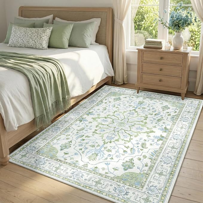 RELEANY Washable Area Rug, 4'x6', Green/White/Blue | Non-Slip, Water Repellent, Pet Friendly, Easy to Clean, Vintage Floral Boho Decor for Living Room Bedroom Kitchen Office