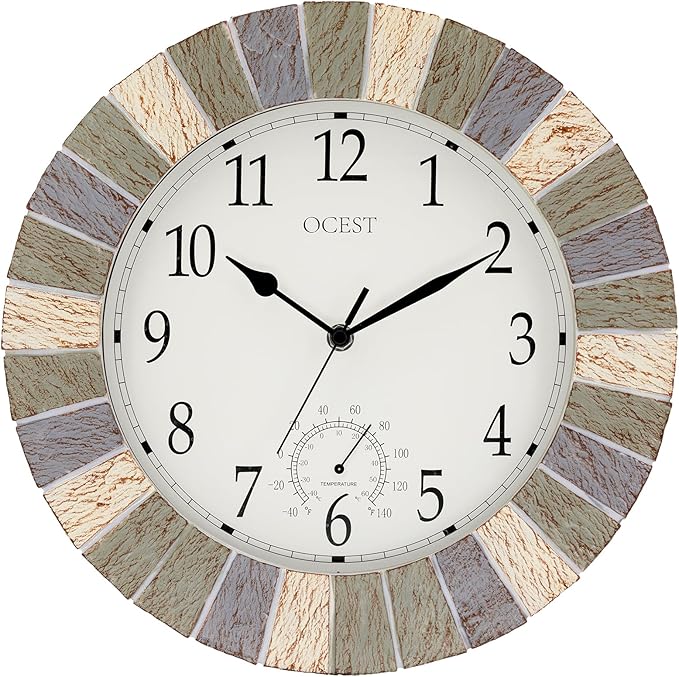 OCEST Indoor Outdoor Clock and Thermometer, 13 Inch Large Waterproof Wall Clocks, Retro Silent Non-Ticking Battery Operated Weatherproof Clock for Patio, Pool, Lanai, Fence, Porch, Garden