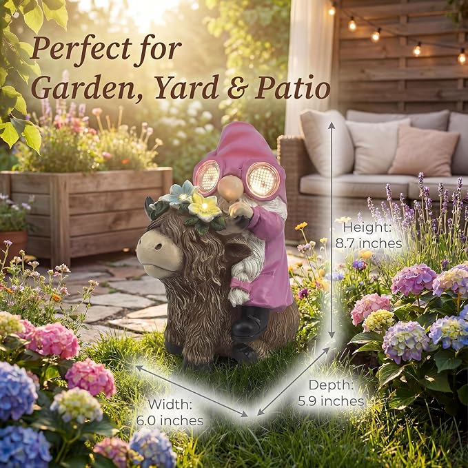 iStatue Solar Highland Cow Garden Statue with Animated LED Goggles - 8.7" Resin Gnome Figurine Moving Pixel Matrix Eyes Unique for Mom Women (Pink)