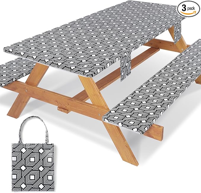 Jobunai Picnic Table Cover with Bench Covers Elastic Waterproof Vinyl Tablecloth for 6 Foot Rectangle Tables Camping Rv Roadtrip Hiking Car Items for Tent Campers Gift for Teenage Boys Girls Sister