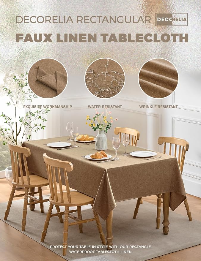 Decorelia Faux Linen Farmhouse Table Cloth 60"x144" for 10 ft Rectangle Table, Coffee Waterproof Outdoor Washable Tablecloth for Rectangular Dining Room Kitchen Outdoor Party Restaurant Table