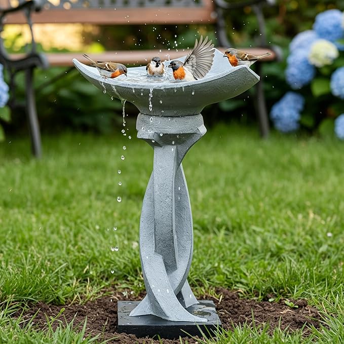 SKYFIRE 22.8" Tall Modern Bird Bath, Concrete Sculptural Pedestal Birdbath, Contemporary Outdoor Yard Statue with Twisted Base for Garden, Patio, Backyard Decor - 14.5" Dia x 22.8" H