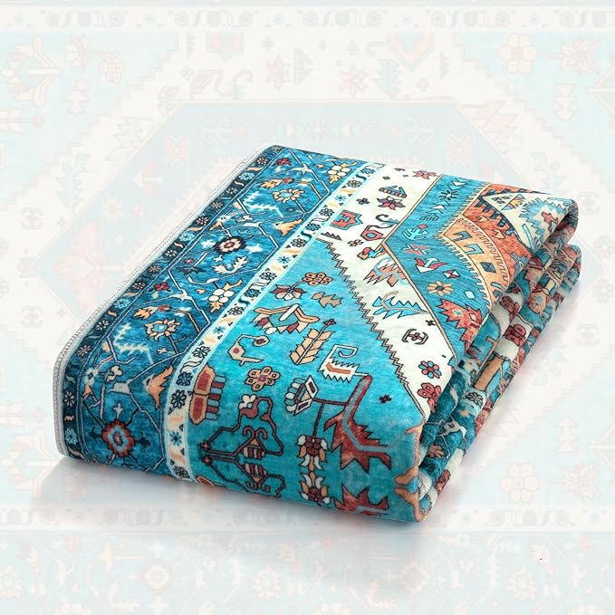 SERISSA 8x10 Washable Non Slip Boho Area Rug for Living Room，Blue | Ultra Soft Vintage Oriental Carpet Low-Pile Distressed Tribal Throw Carpet for Dining Room Bedroom Dorm Office Home Decor
