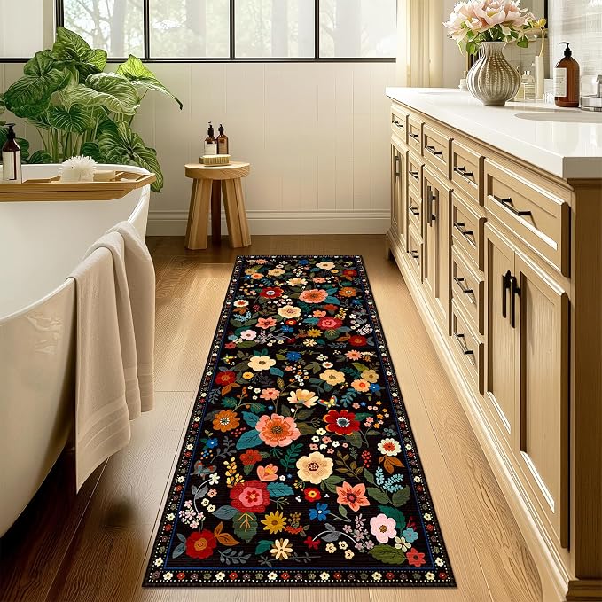 Floral Washable 2x6 Area Rugs Runner Entryway Hallway Black | Flower Carpet, Print, Boho, Non-Slip, Easy to Clean, Low Pile, Soft, for Living Room Bedroom Kitchen Office Entrance