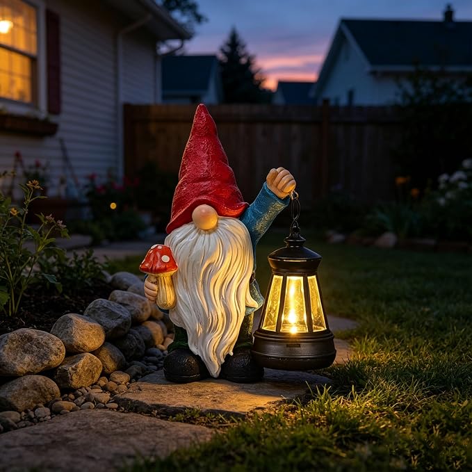 Garden Gnomes Statue with Solar Outdoor Lights, Resin Outdoor Solar Gnome Decorations for Yard Garden, Patio Gnome Gifts for Mom (Art Deco)