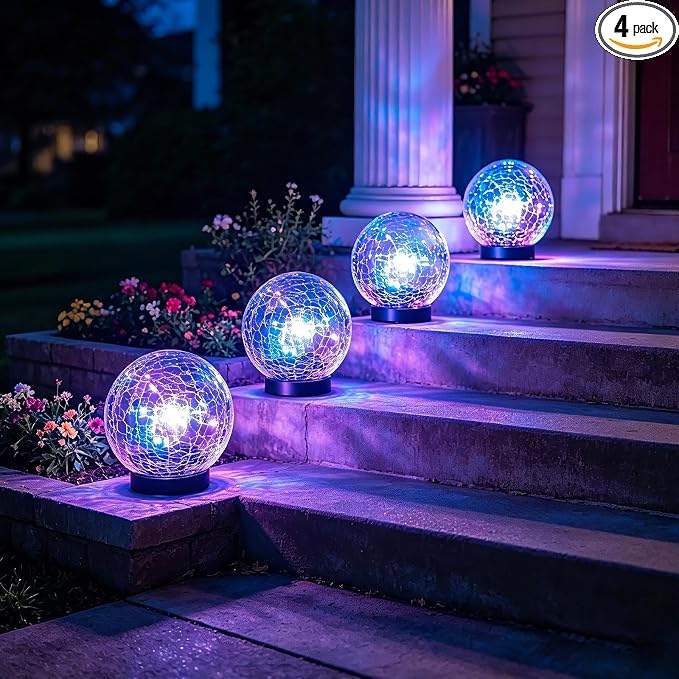 4 Pack 4.72" Multicolor Solar Power Cracked Glass Orb Light Outdoor | Outside Waterproof RGB Ambiance Ball Lamp for Garden, Patio, Table, Walkway, Stair, Lawn, Landscape Decor with Durable Stakes