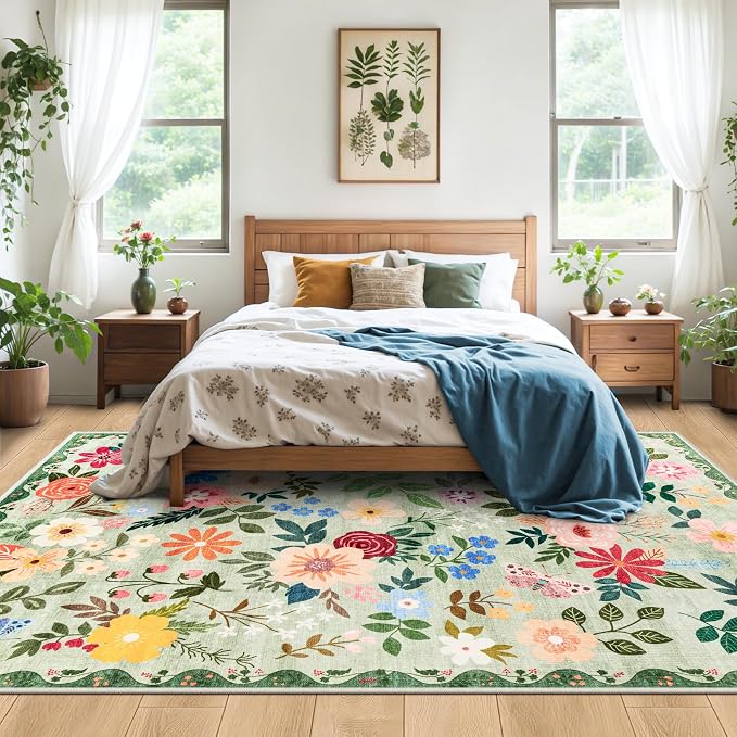 PLHXFR Area Rug 10x14 Living Room: Floral Washable Boho Soft Carpet Green | For Bedroom Dining Room Farmhouse Nursery Hallway,Vintage Floral,Machine washable,Non Slip,Stain Resistant,Large Indoor